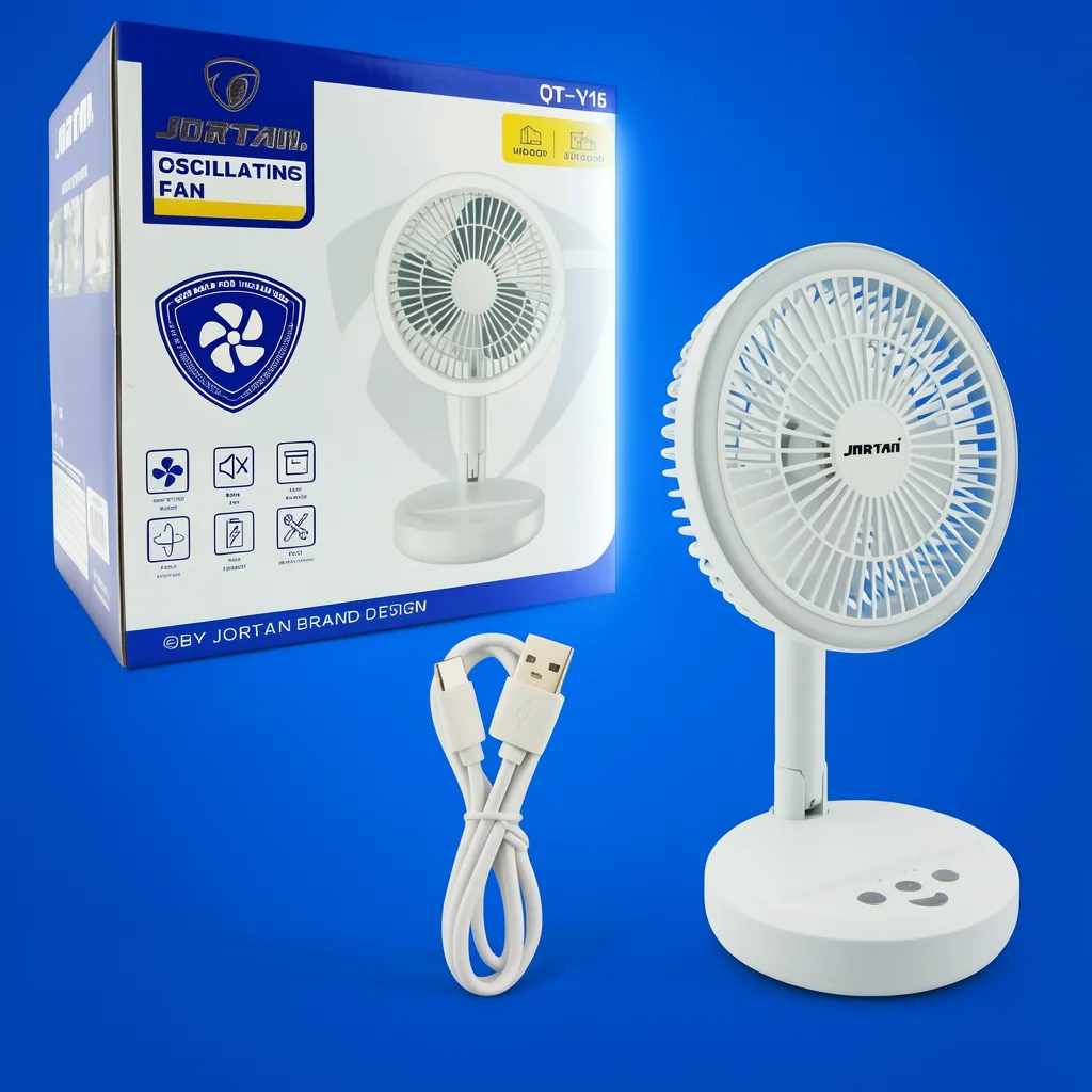 Ventilador De Sobre Mesa Recargable Marca JORTAN Modelo QT-Y15 Con Aro LED, 3 Velocidades Y Oscilacion - imagen 3